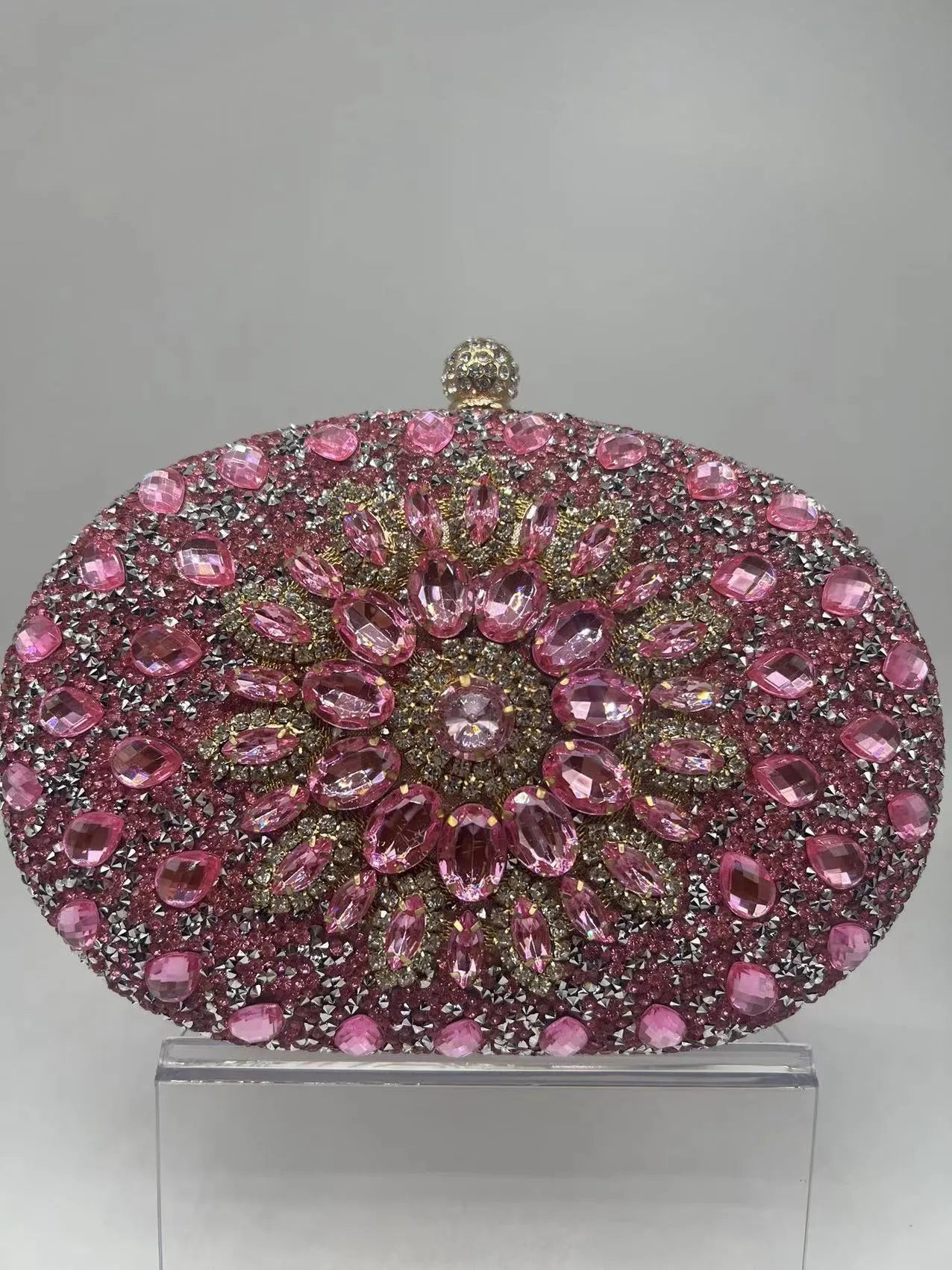 Gold hardware and rhinestone banquet handbag with structured retro design measuring 20cm wide