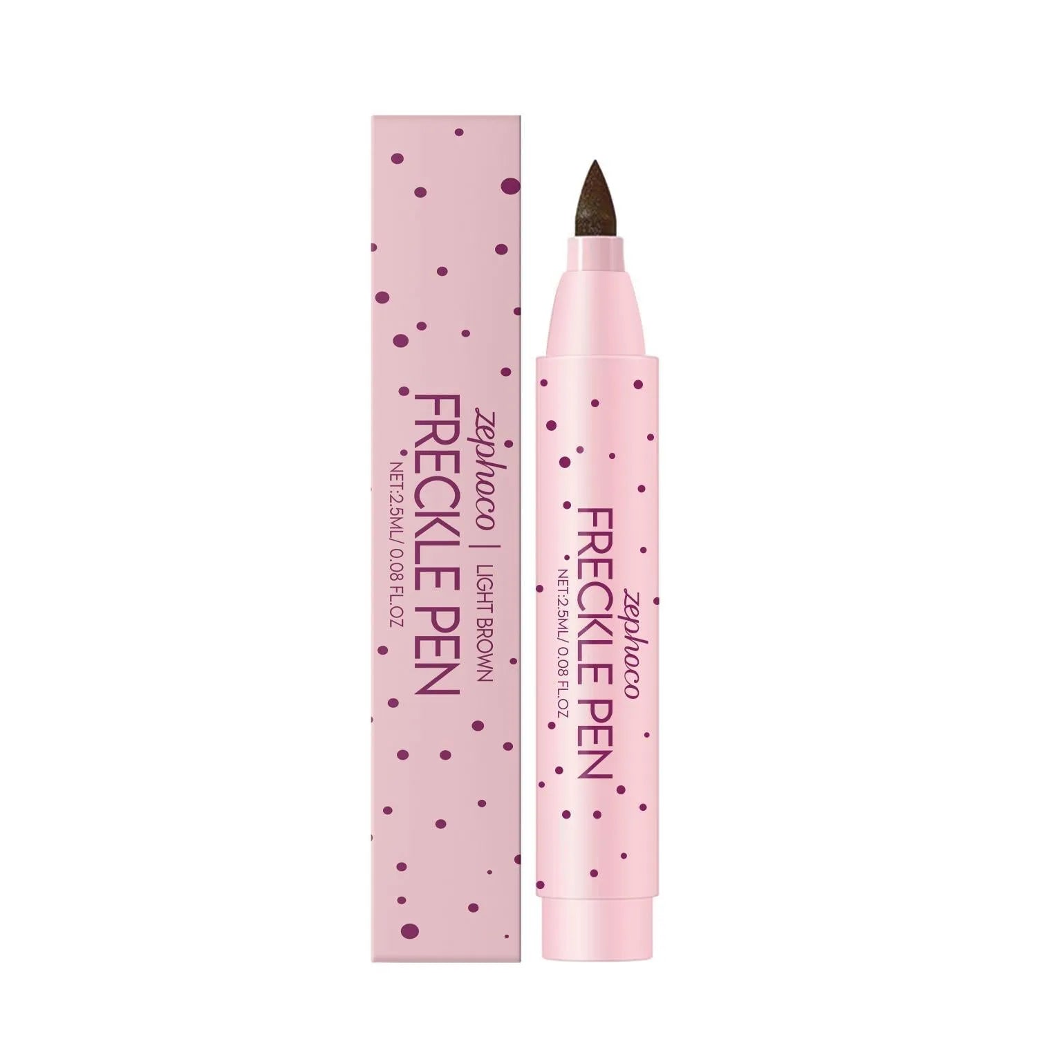 A Freckle Pen for applying artificial freckles, shown in Dark Brown and Light Brown shades on a hand.