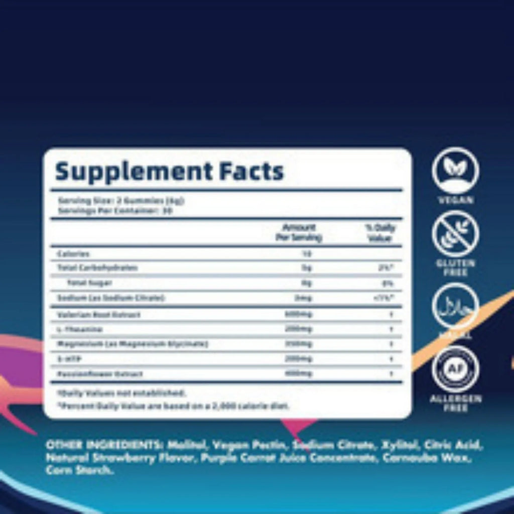 60 melatonin gummy capsules in sealed room temperature packaging with fruit flavour soft candy format