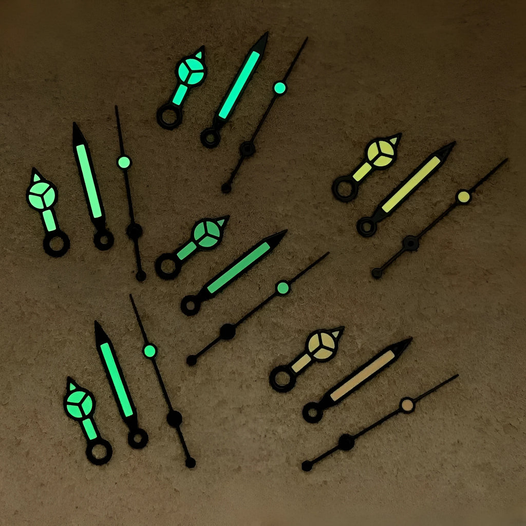 Luminous watch hands set for NH35 NH36 4R 7S movements, black edge green, 7.5mm 12mm 12.5mm, 3pcs
