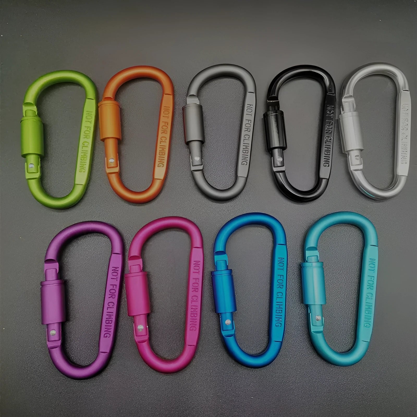 Flat 8 cm D-shaped aluminium locking carabiner in a selection of colours.
