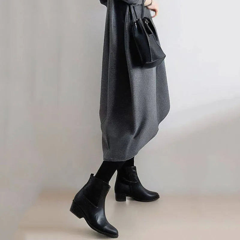 Loose oversized round neck patchwork dress for women, flutter sleeves, high waist pencil skirt, in gray colour