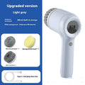 USB rechargeable electric cleaning brush in light grey or purple with multiple interchangeable cleaning heads