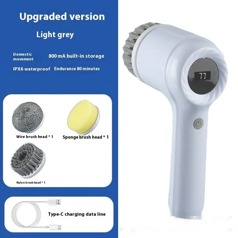 USB rechargeable electric cleaning brush in light grey or purple with multiple interchangeable cleaning heads