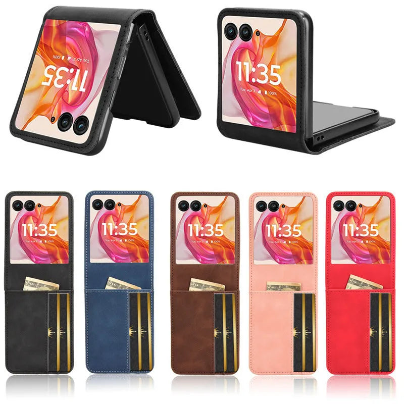 Flip card phone case for Moto Razr Plus 2024 in black, pink, red, brown or blue, PU TPU, bracket and magnetic