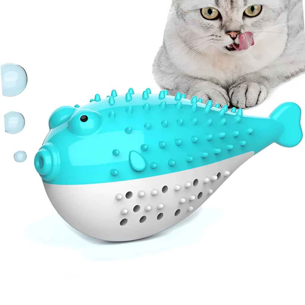 Blue silicone fish-shaped chew and teaser toy for cats on a plain background.