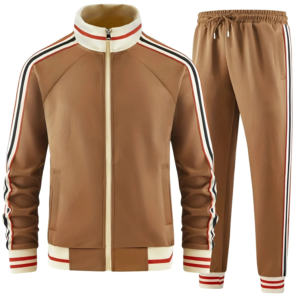 Khaki coloured turtleneck zip cardigan and matching trousers street style tracksuit laid flat.