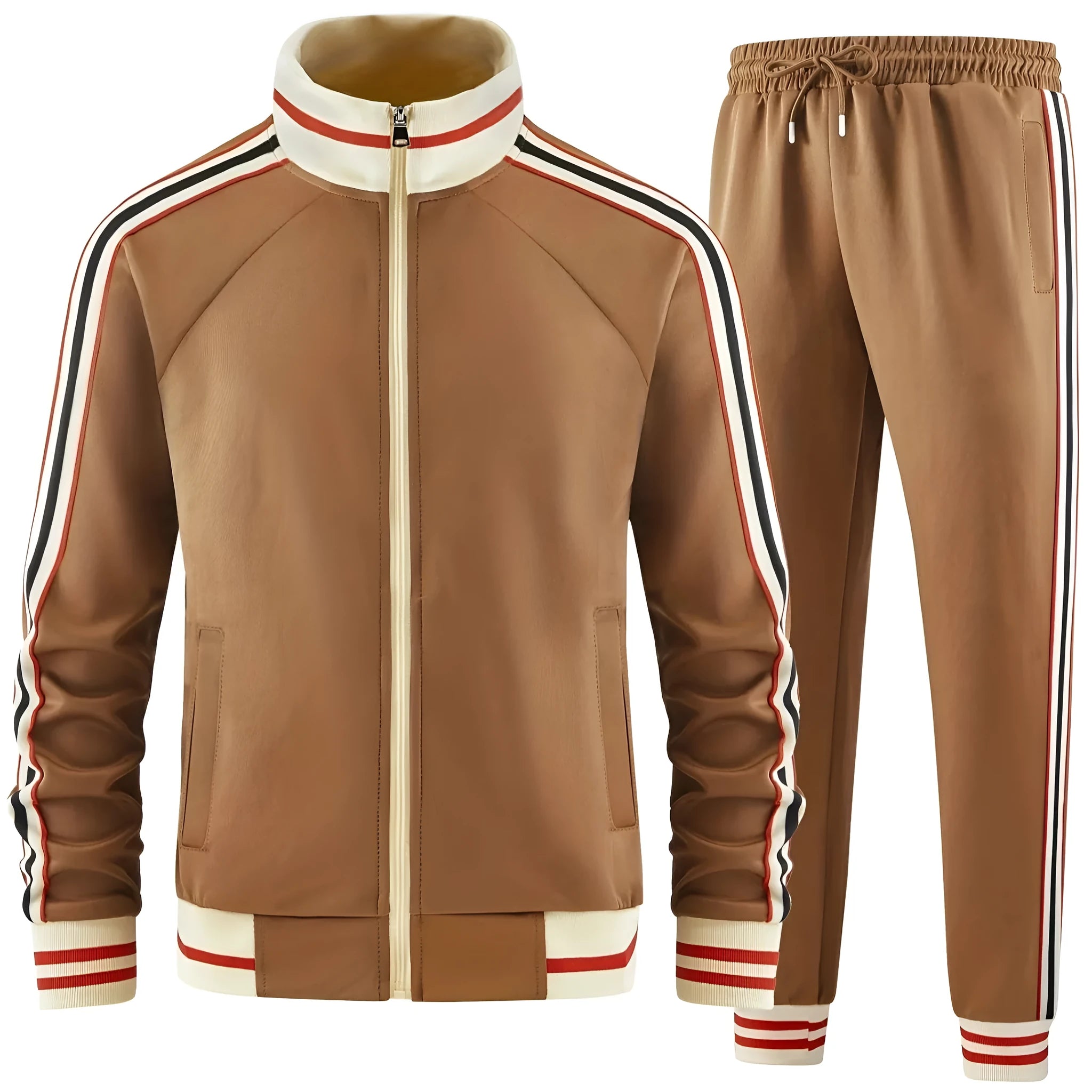 Khaki coloured turtleneck zip cardigan and matching trousers street style tracksuit laid flat.