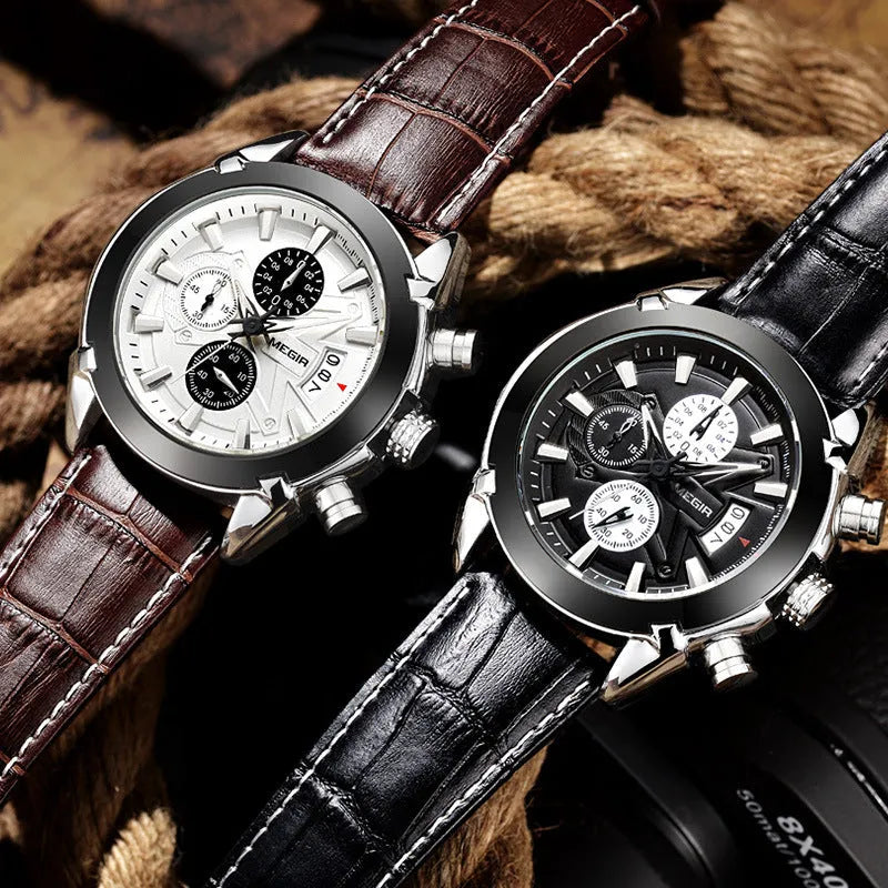 Men's brown and white surface quartz chronograph watch with luminous hands and waterproof case.