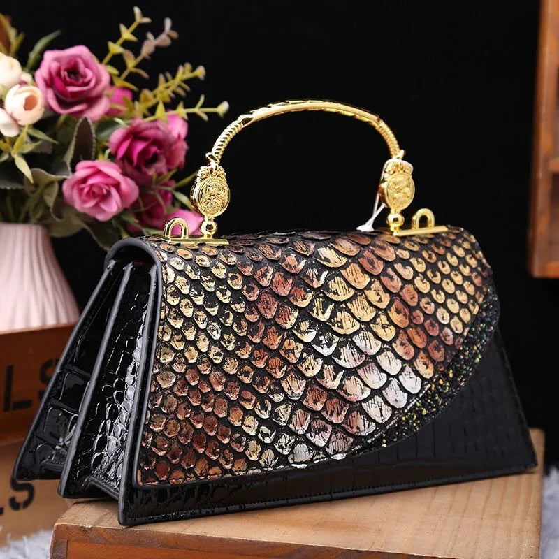 Genuine leather shoulder messenger bag in Black Gold contrast colour horizontal square shape with single strap