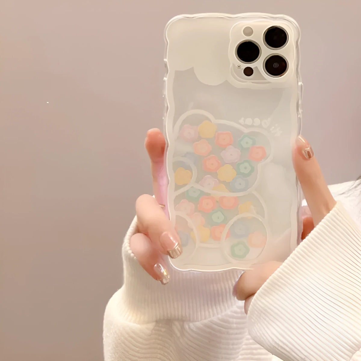 Silicone TPU iPhone case with cartoon painted back cover, available in Flower Bear, Pink Cloud Bear, Pink Tulip, and White Cloud Bear.