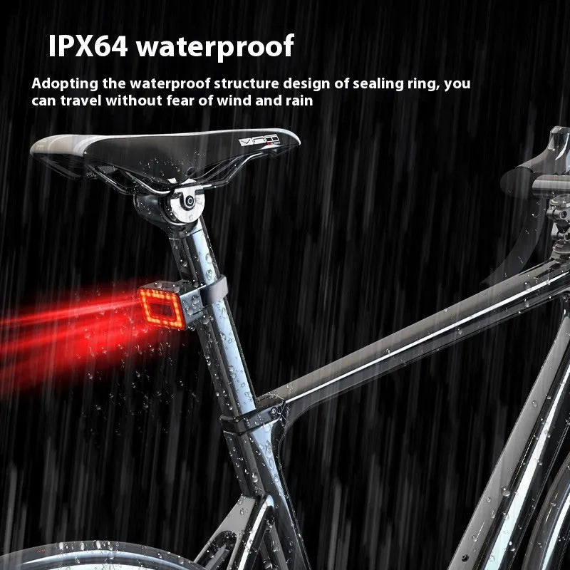 Smart bicycle rear safety light with radar detection mounted on a bike seat post, showing compact black housing.
