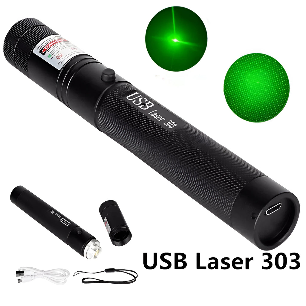 USB rechargeable laser torch in black anodised aluminium, showing touch switch and focusing ring