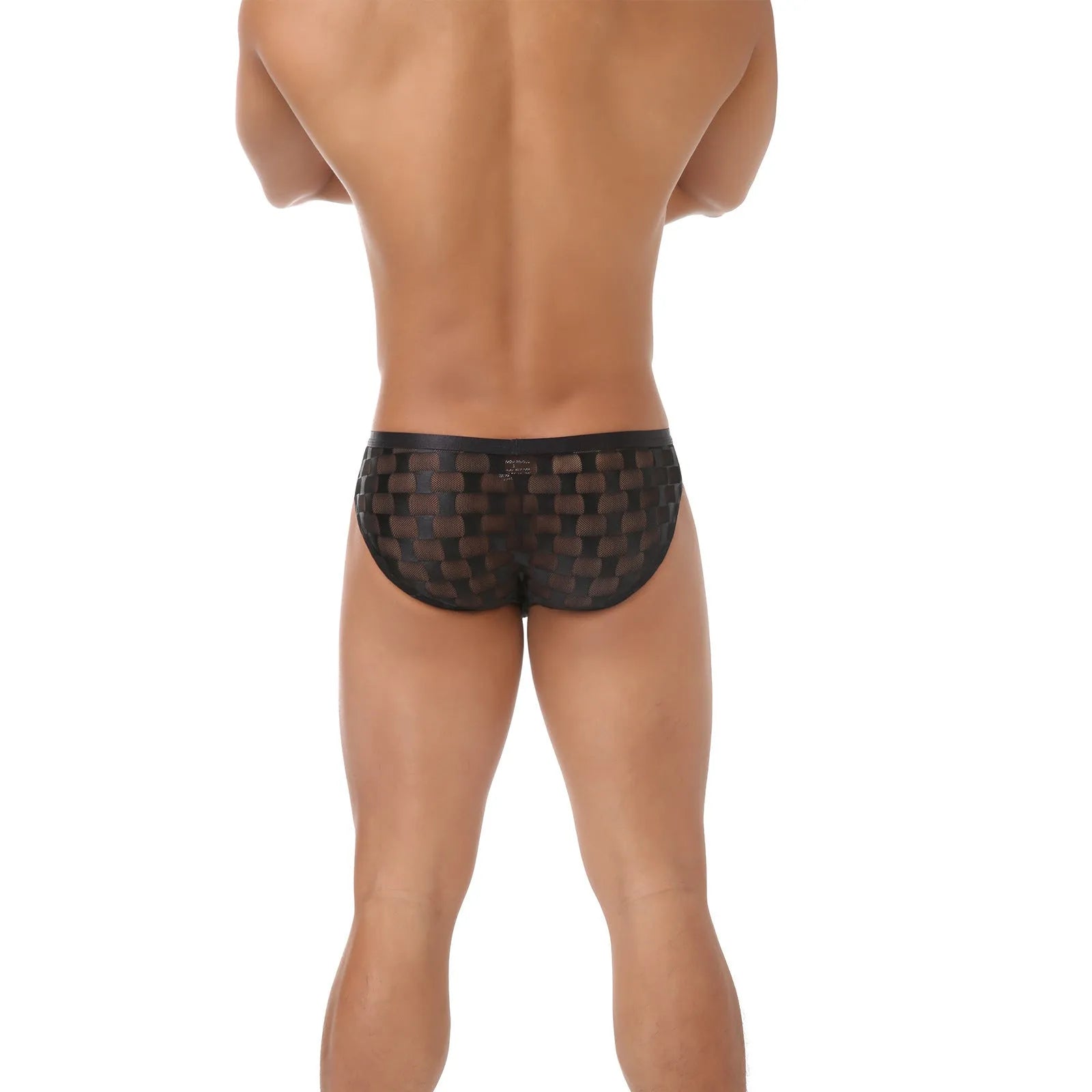 Men's black and white plaid mesh underpants with U-convex design on mannequin