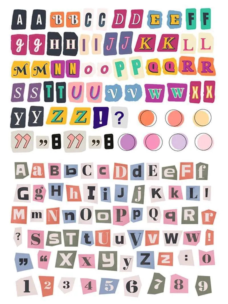 Pack of decorative stickers showing printed English alphabet letters and weekday words in a cute style for crafts.