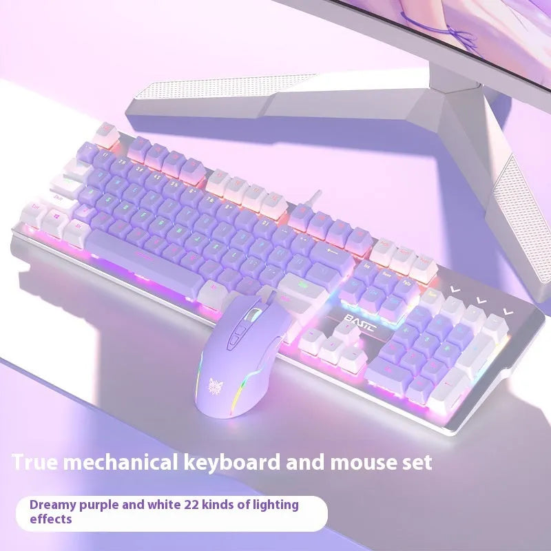 Purple and white mechanical keyboard and optical mouse set with backlighting on desktop