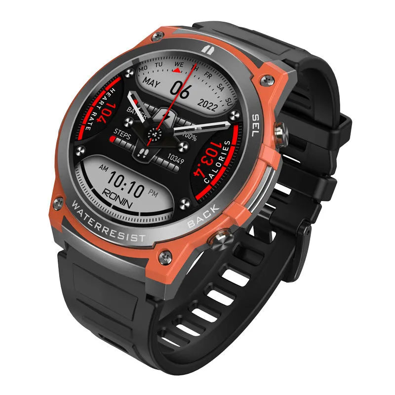 Smart watch with AMOLED display in orange colour showing heart rate and time on wrist