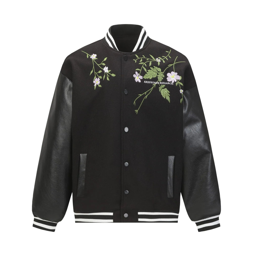 Men's American retro solid colour polyester coat with plant flower embroidery, loose fit, side seam pockets, available in black and apricot