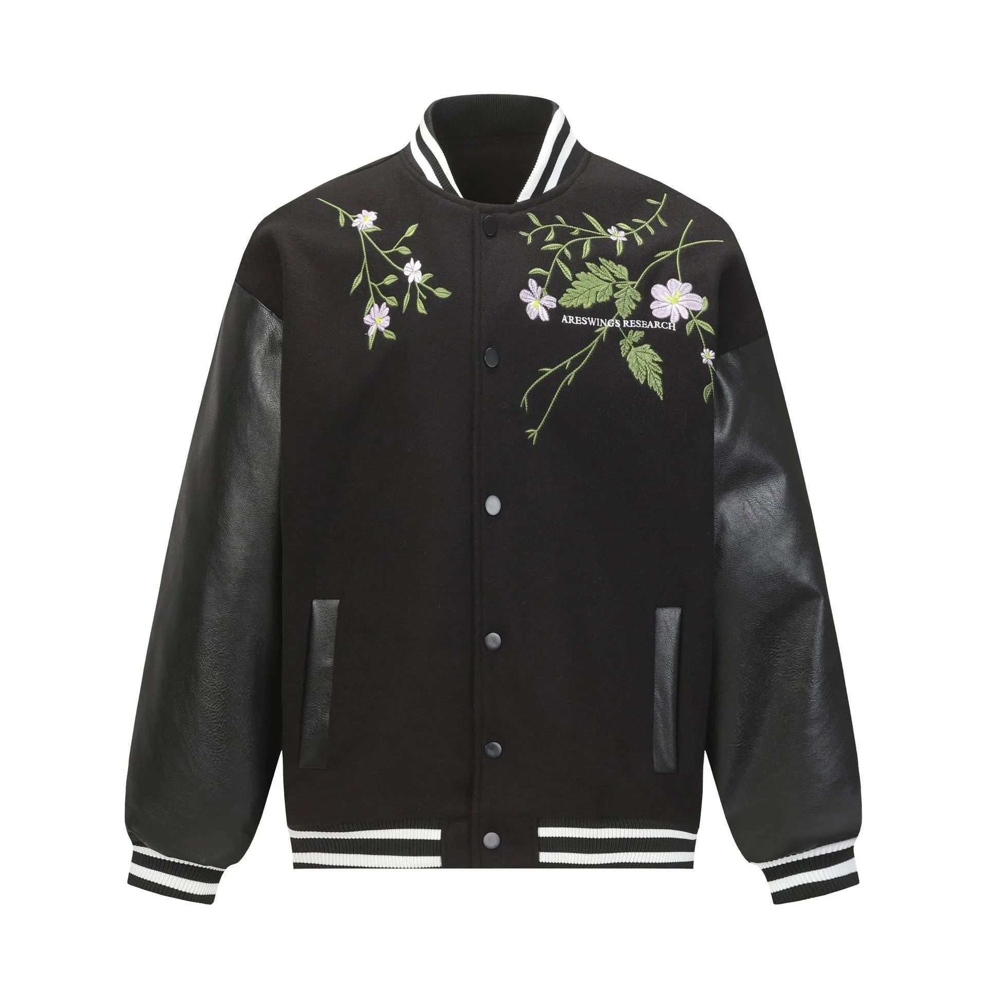 Men's American retro solid colour polyester coat with plant flower embroidery, loose fit, side seam pockets, available in black and apricot