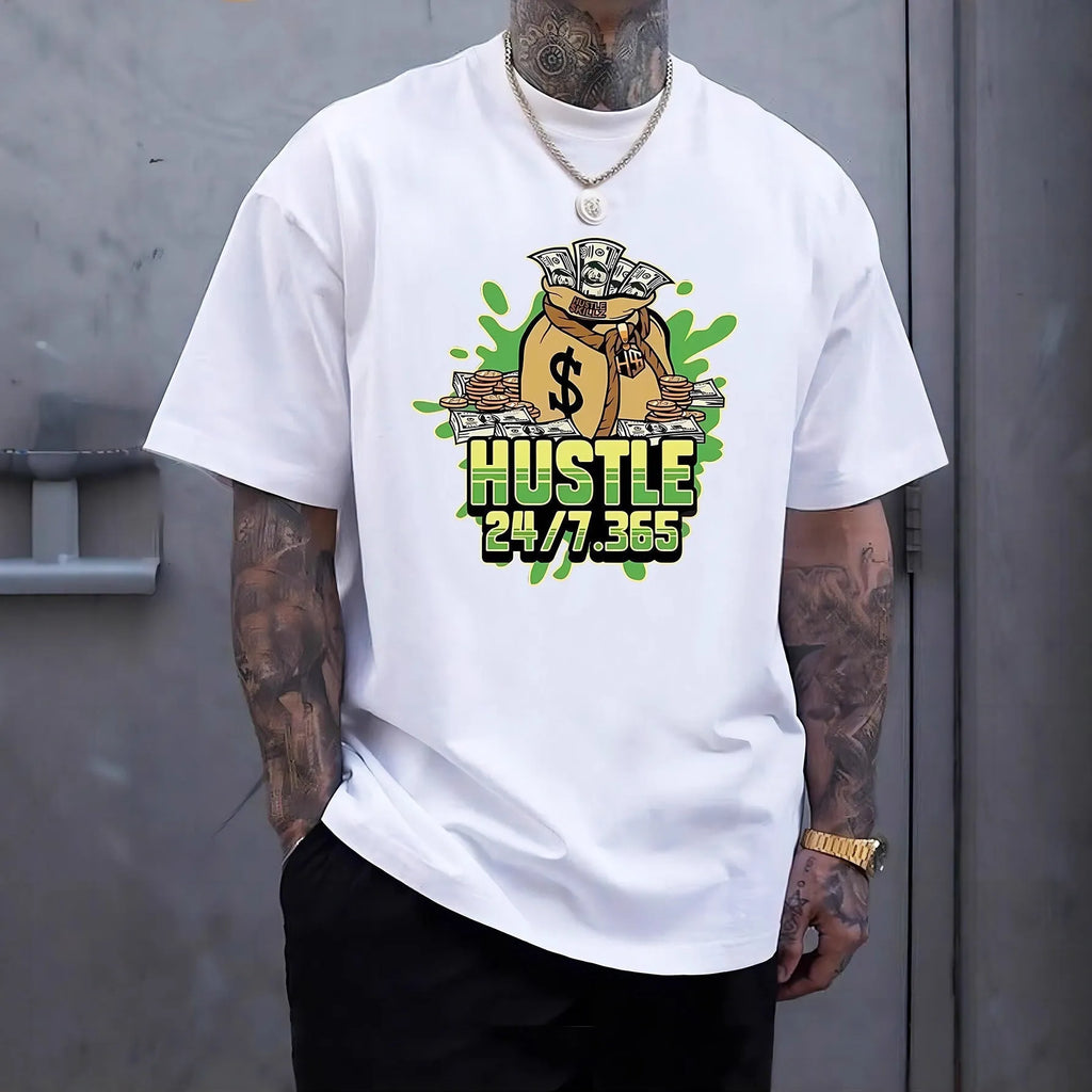 Printed men's summer casual short sleeve breathable polyester T-shirt in black, loose fit pullover with letter pattern