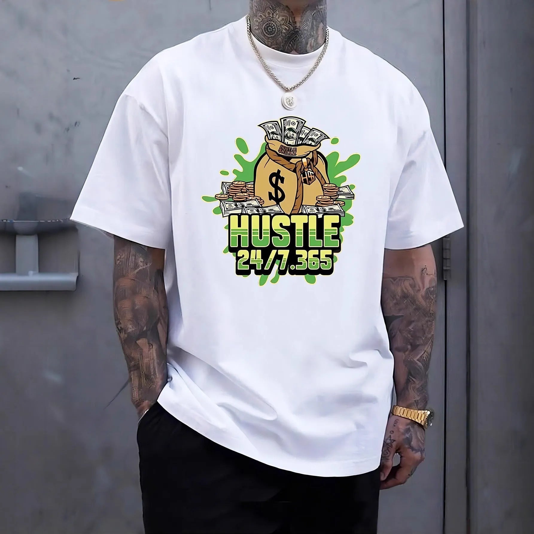 Printed men's summer casual short sleeve breathable polyester T-shirt in black, loose fit pullover with letter pattern