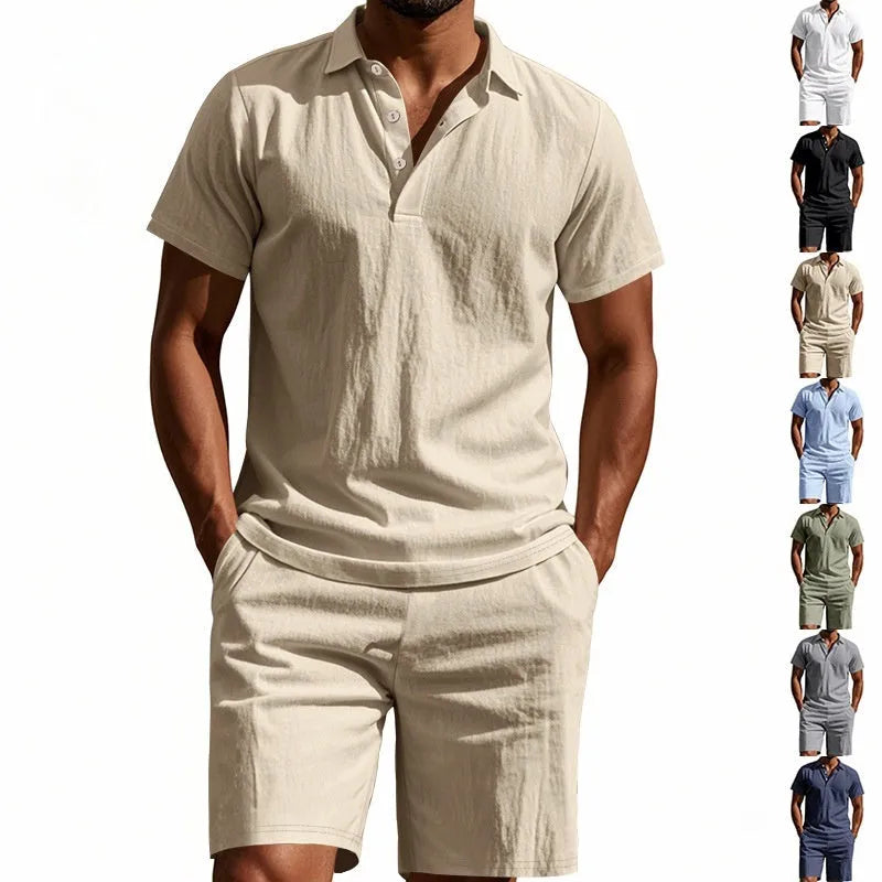 Men's loose casual summer short suit in linen-blend fabric with short sleeves and matching beach shorts