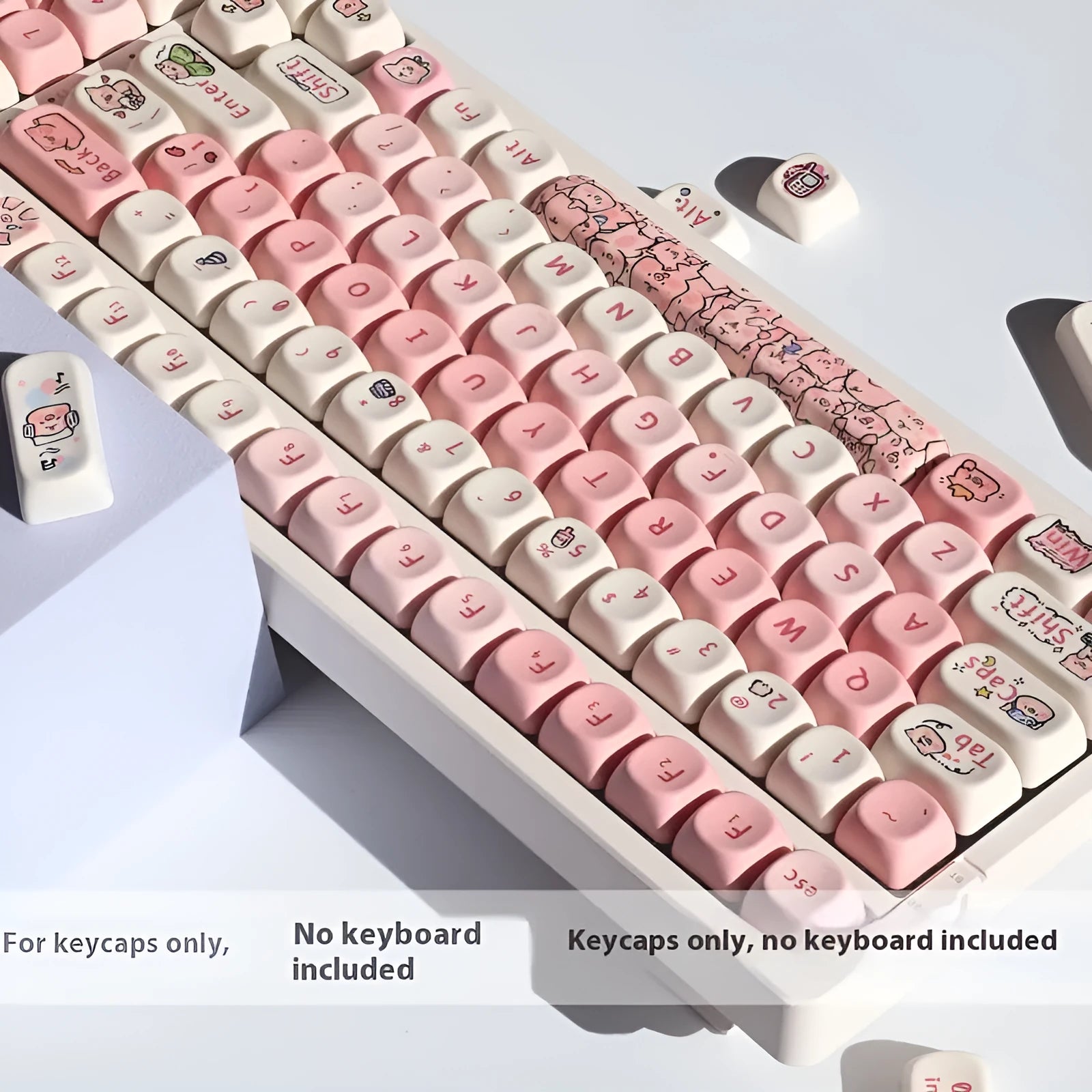 Close-up of a pink Fragrant Pig design on a white PBT plastic keycap for mechanical keyboards.