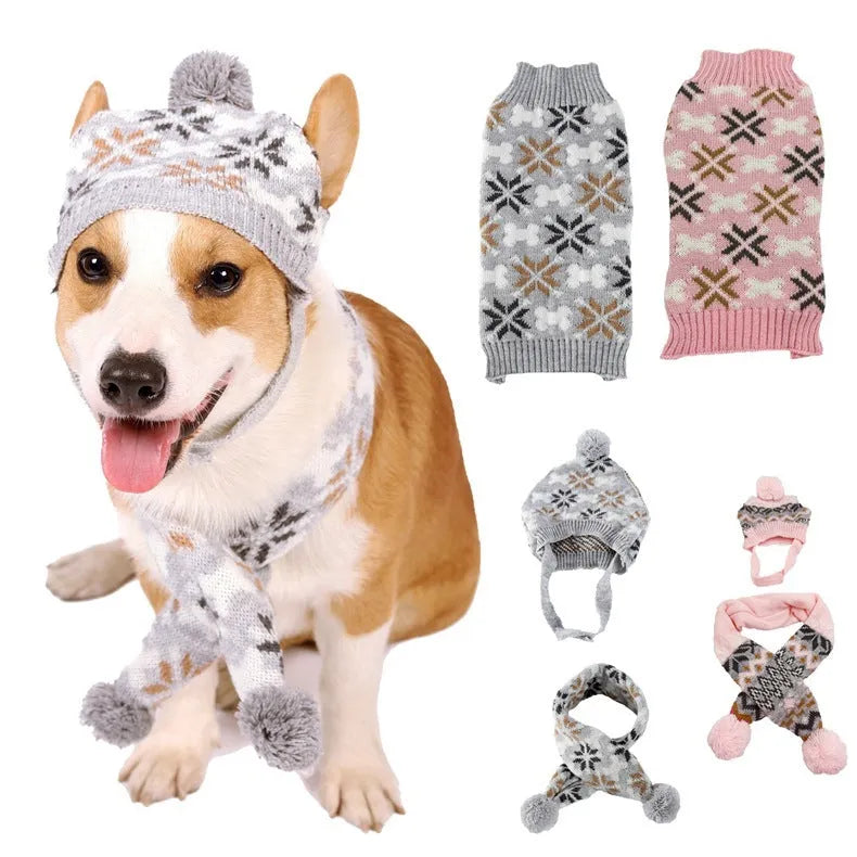 Grey and pink Japanese-style retro jacquard pet sweater and scarf hat sets for dogs or cats.