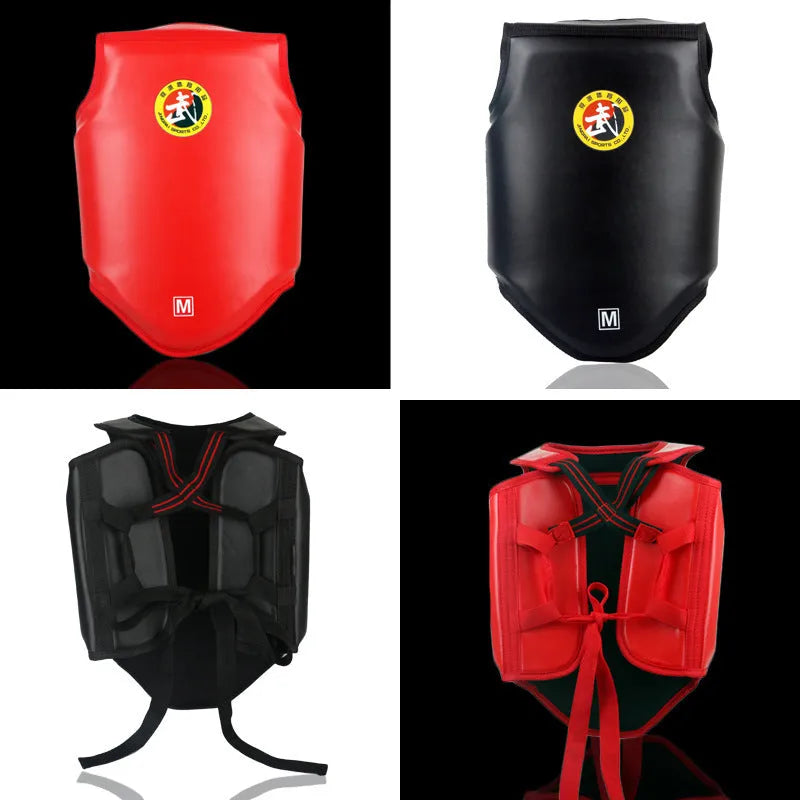 Boxing helmet and chest protector set in red colour with PU construction