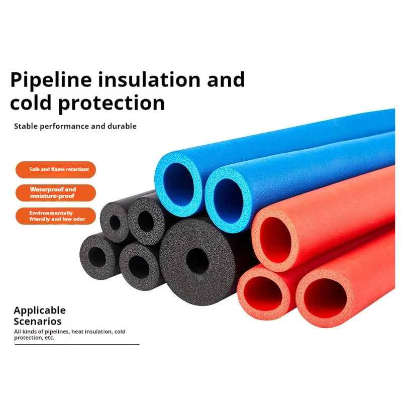 Self-adhesive rubber and plastic foam pipe insulation tube on a coil of pipe.