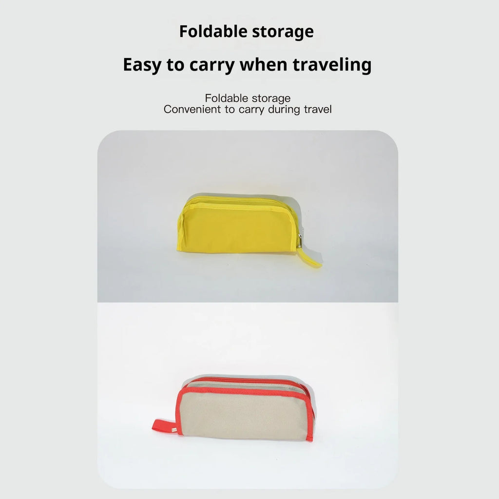 Lightweight foldable camp stool in Oxford cloth, shown in khaki colour, folded and unfolded.