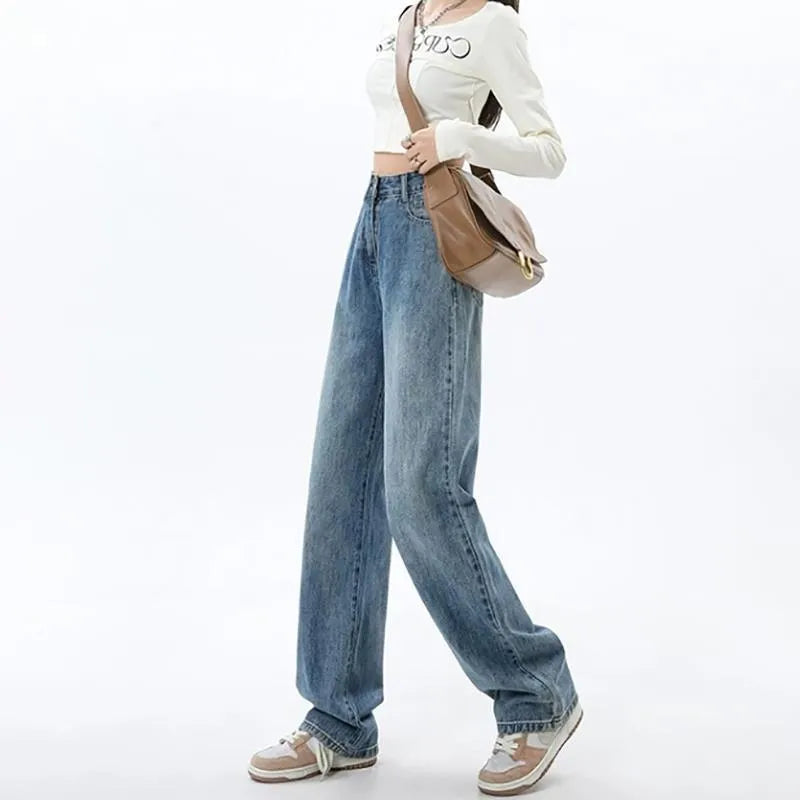 Women’s retro blue high waist wide leg denim jeans, sizes S to 2XL