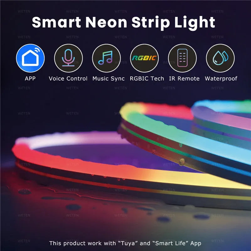 12V flexible LED neon light strip with full colour flowing light, app and voice control, 6x12mm profile