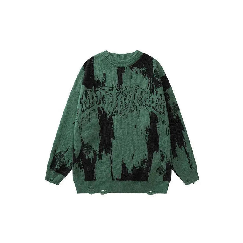 Men's 3D printed thick knit sweatshirt in black or dark green, loose fit polyester hoodie, sizes XS-4XL
