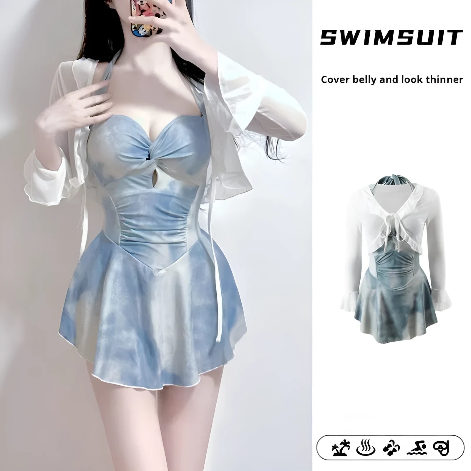 Blue women's conservative one-piece swimsuit with long sleeves in milk silk fabric