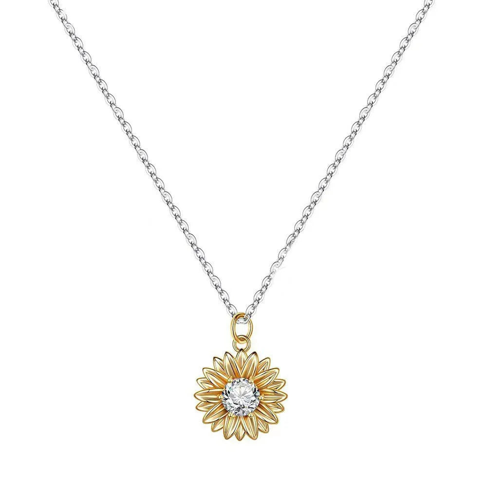 925 sterling silver sunflower necklace with geometric daisy pendant and adjustable cross chain for women.