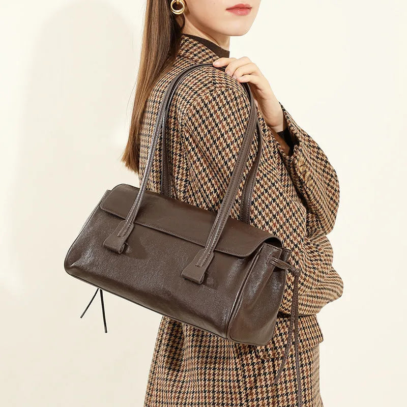 Women's vegetable tanned cowhide top grain leather armpit handbag in brown with double straps