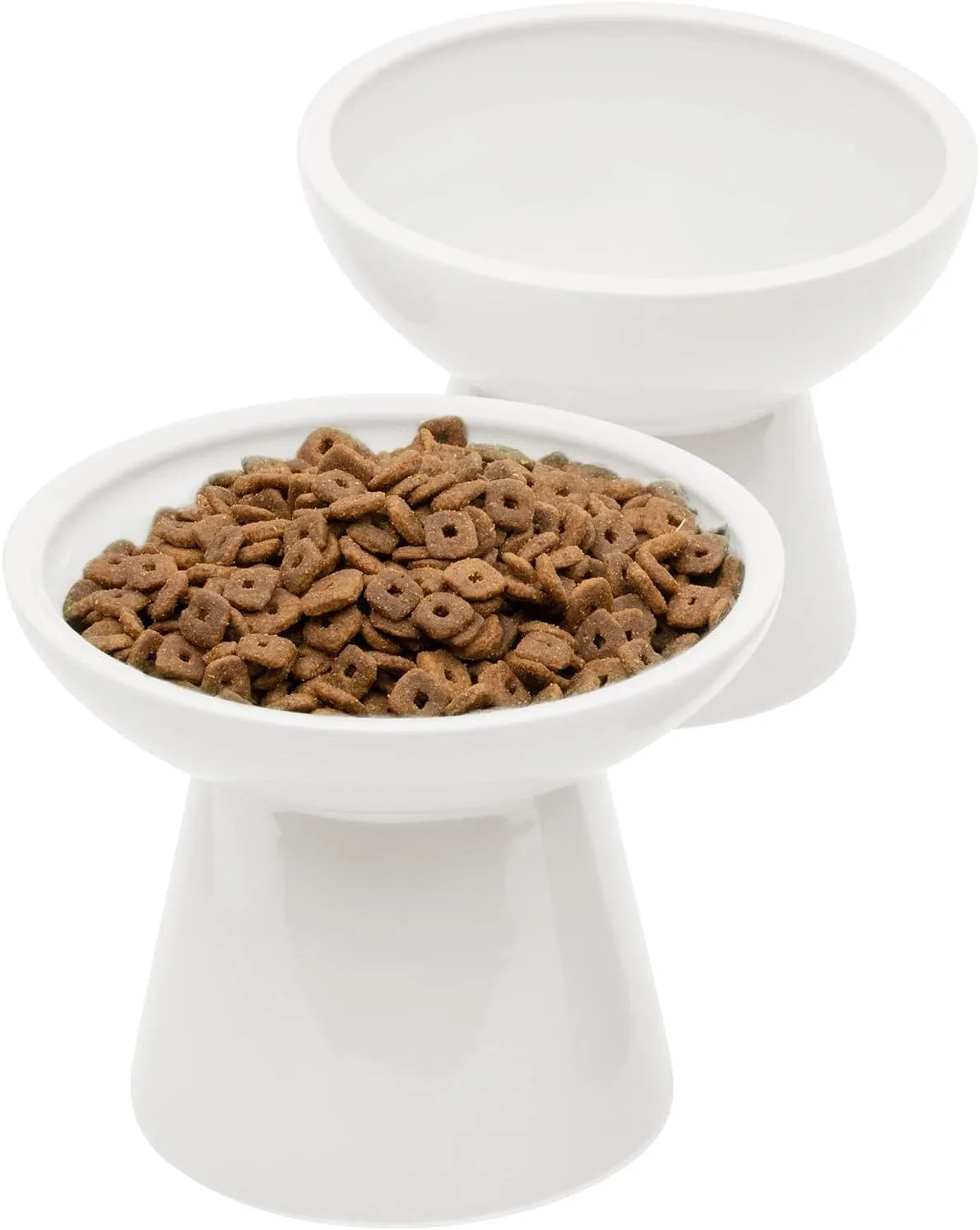 Elevated ceramic cat bowl in blue with wide shallow dish on weighted base