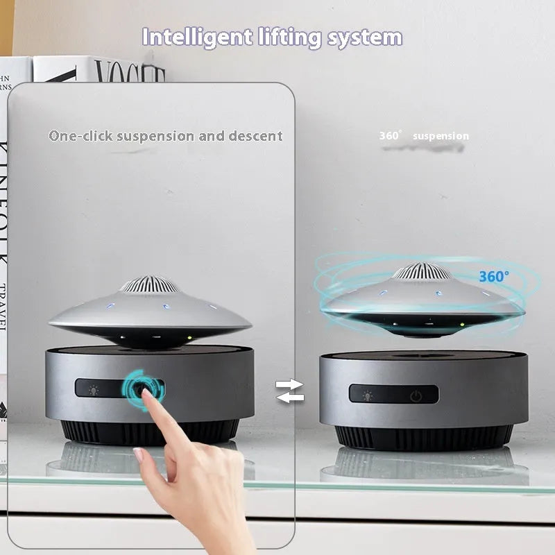 Automatic lifting magnetic levitation Bluetooth speaker floating above its base.