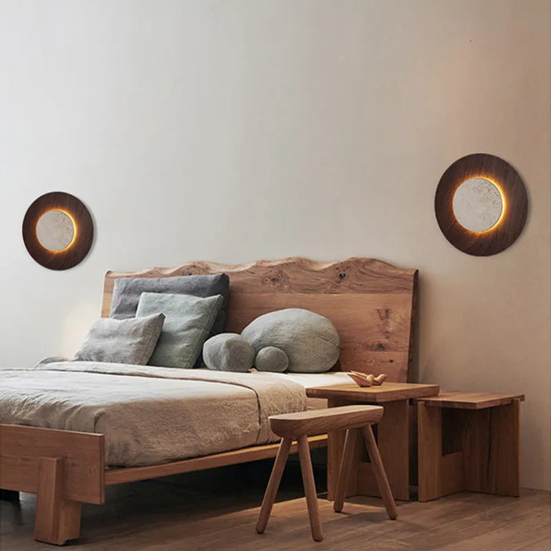 Round retro bedside wall lamp with yellow travertine lampshade and wood art body