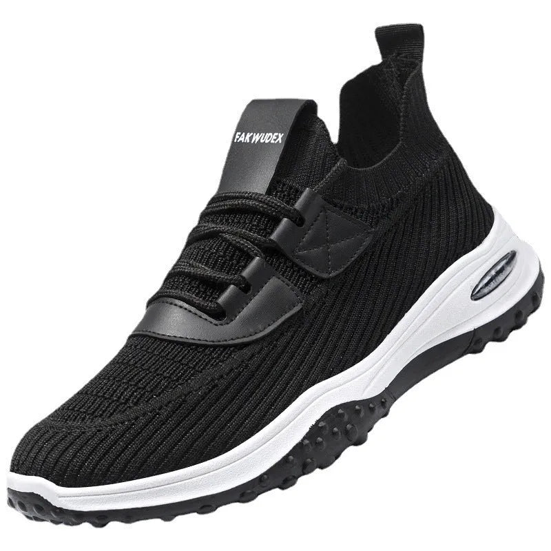 Low-top Flyknit sports trainer in black with mesh lining and lace-up front, shown on a white background.