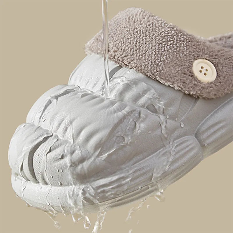 Removable fluffy slippers in beige with faux fur lining and Velcro fastening on a wooden floor