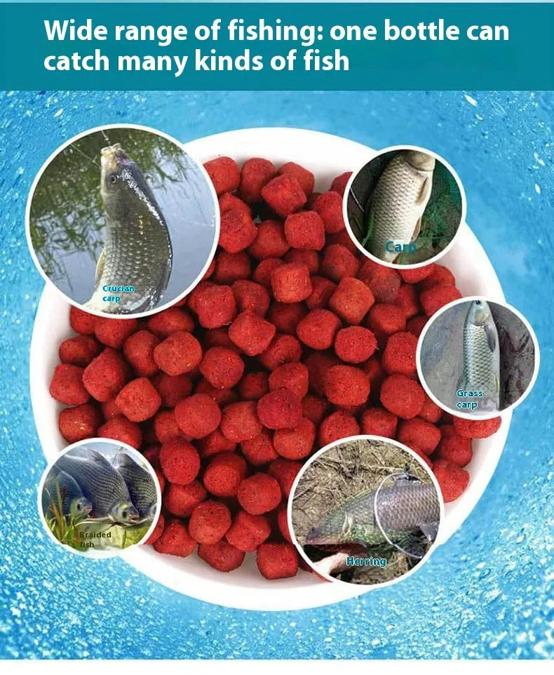 A fresh red plastic bottle containing grass green particle fishing bait for crucian carp.