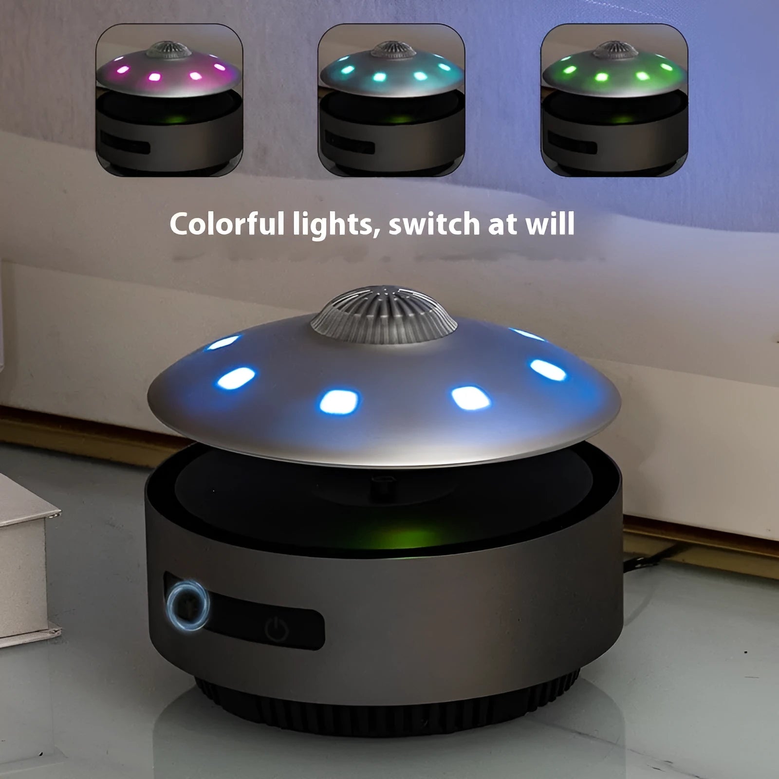Automatic lifting magnetic levitation Bluetooth speaker floating above its base.