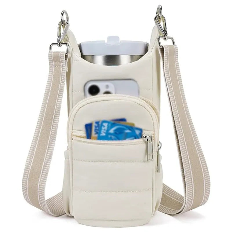 Cloth bicycle water bottle bag in modern minimalist style showing black, pink and beige colour options