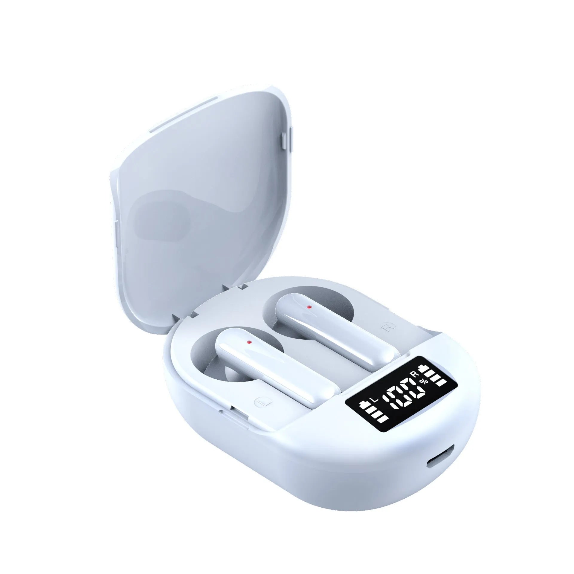Black and white wireless Bluetooth in-ear headphones with a charging bin showing digital display.