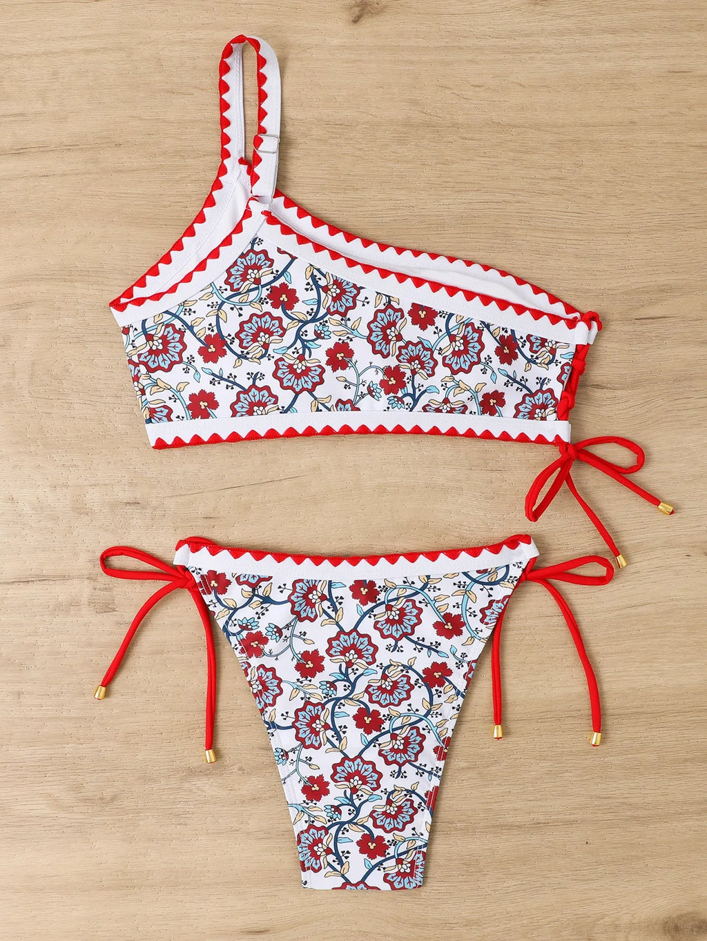 Women's blue floral one-shoulder bikini set with briefs bottoms