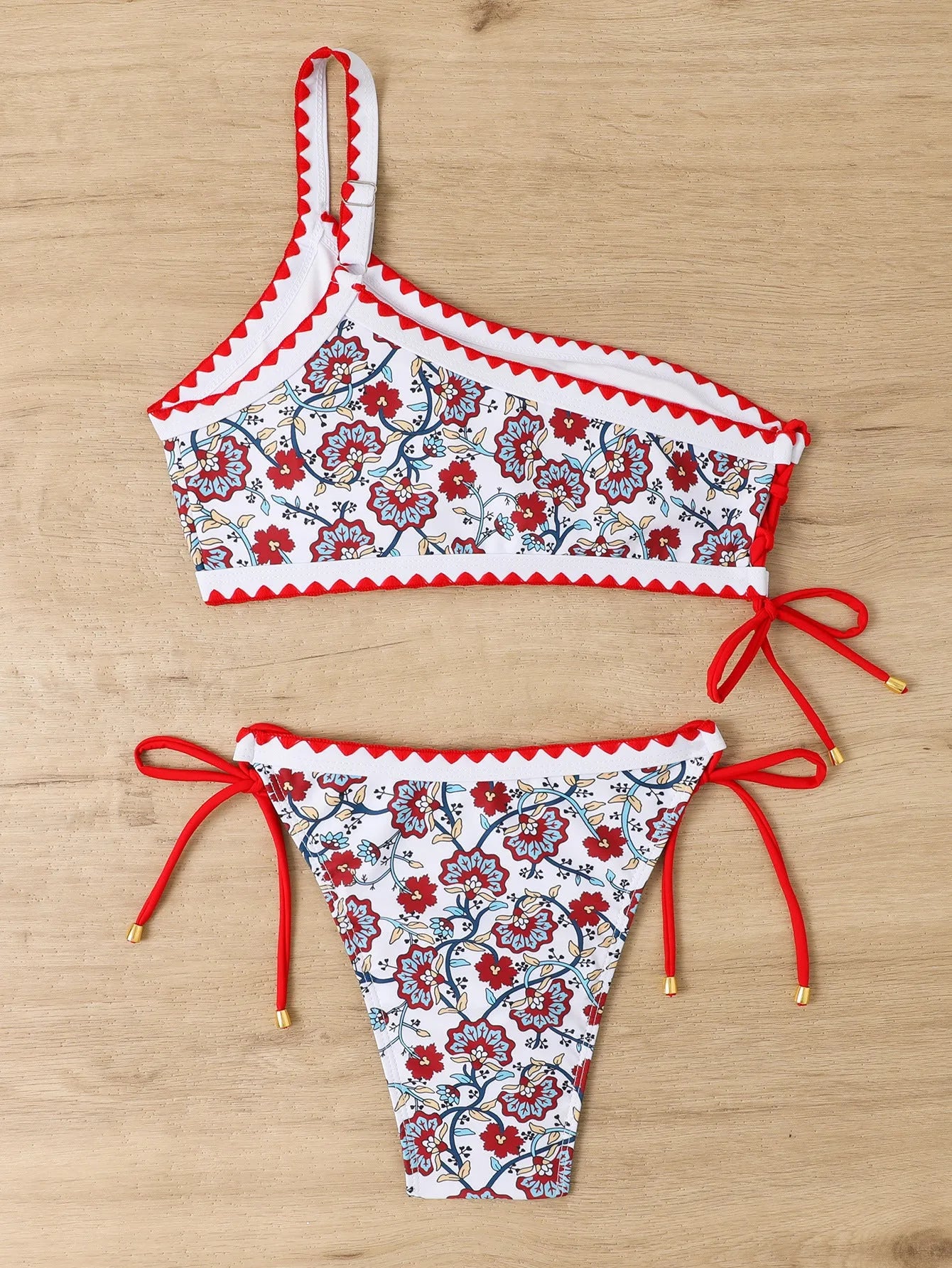 Women's blue floral one-shoulder bikini set with briefs bottoms