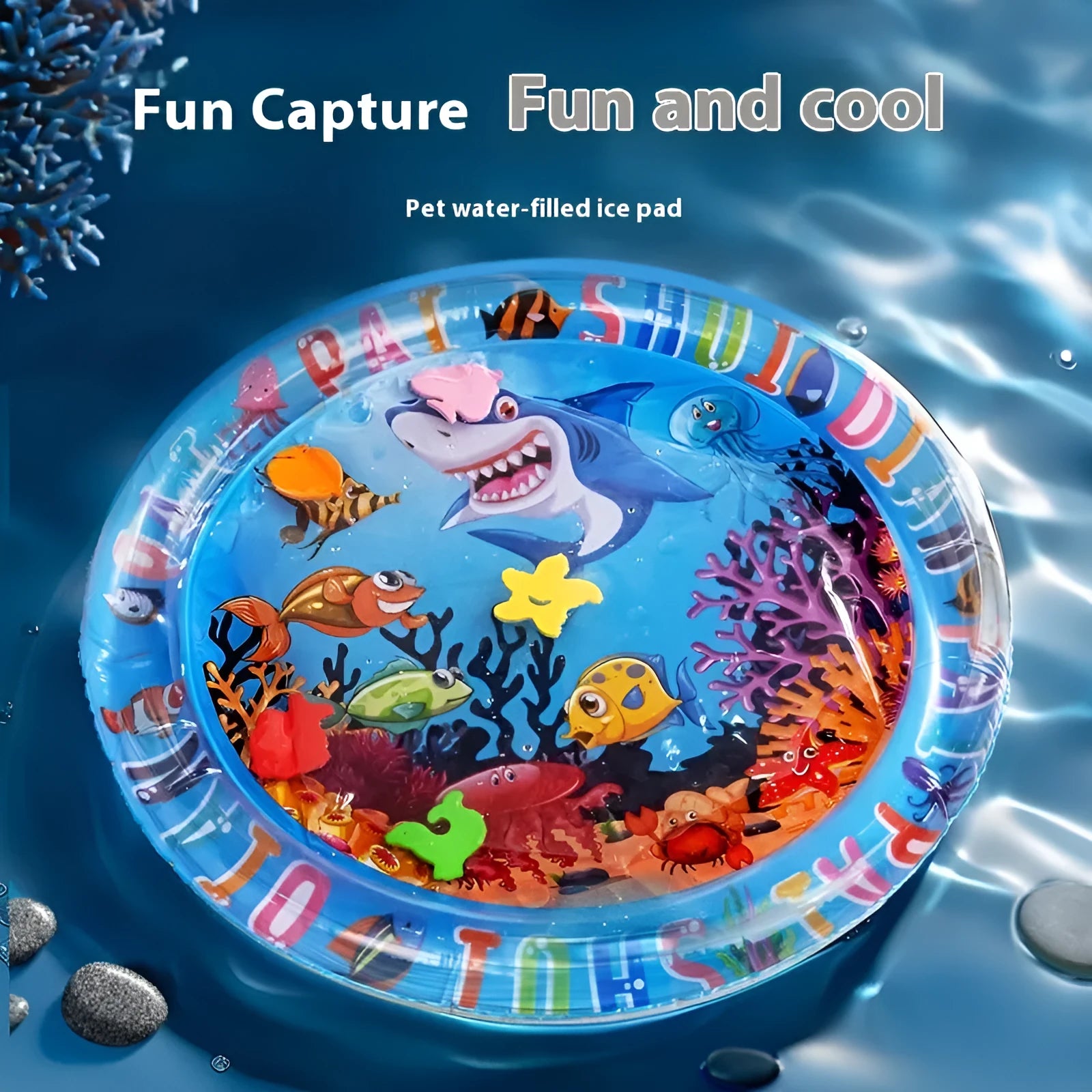 PVC inflatable pet water cooling mattress with aquatic designs for summer use