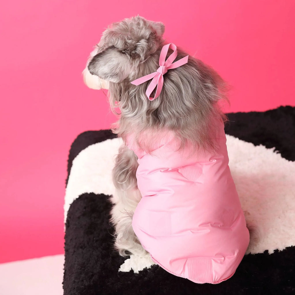 Polyester sleeveless warm down dog vest in Vest colour with removable fur ball, side view